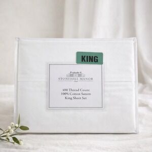 Stonehill Manor White Sateen Sheet Set King 400 Thread Count Cotton Luxury